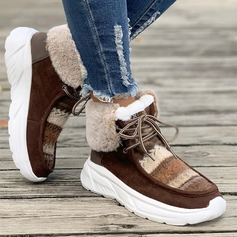 Lace-up Snow Boots Women’s Fuzzy Mied-color Soft Sole Platform Thermal Lined Shoes Winter Non-slip Plush Boots