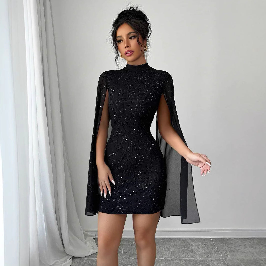 Women's Evening Party Dresses Round Neck Pit Stripe Pearl Chiffon Cape Sleeve Wrapped Hip Dress