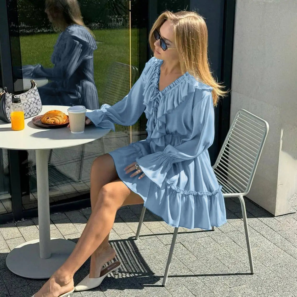 Fashion V Neck Pleated Ruffle Long Sleeve Dress Y2K V Neck Flared Sleeve Short Dress Women’s Clothing