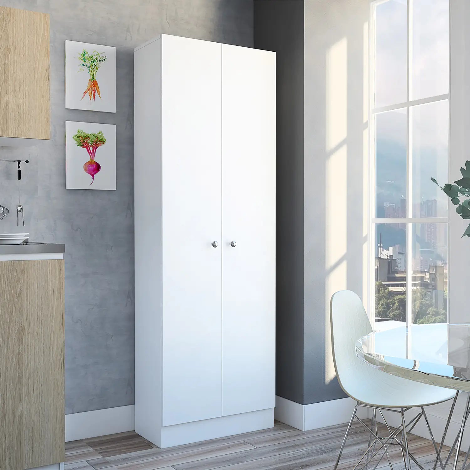 Multistorage Pantry Cabinet Five Shelves Double Door Cabinet -White