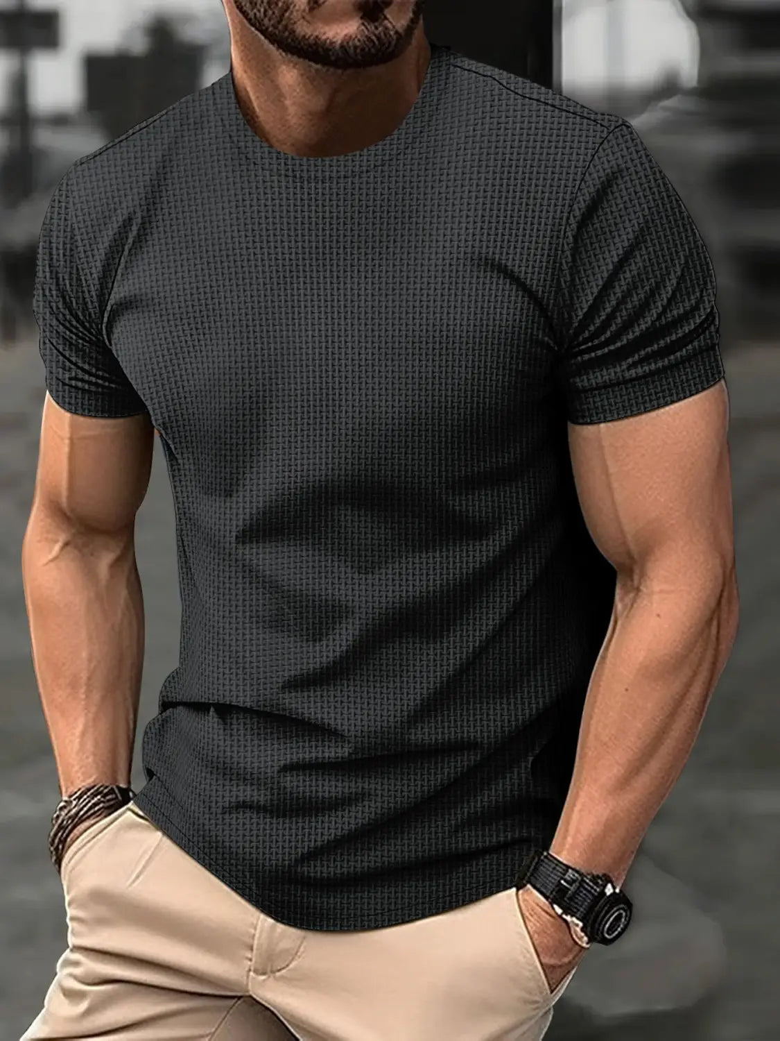 High-end Mesh Ice Silk Short Sleeve T-shirt Men’s Round Neck Summer Solid Color