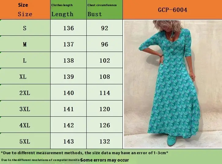 Plus Size Female Wide Hem Long Sleeve Fashion Flower Print Dress