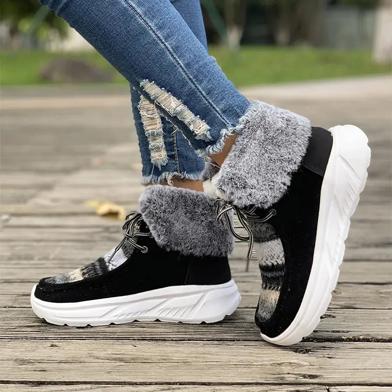 Lace-up Snow Boots Women’s Fuzzy Mied-color Soft Sole Platform Thermal Lined Shoes Winter Non-slip Plush Boots