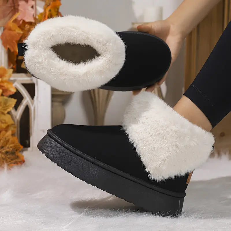 Winter Plush Snow Boots Fashion Round Toe Flat Thickened Suede Cotton Shoes For Women Casual Warm Short Boot