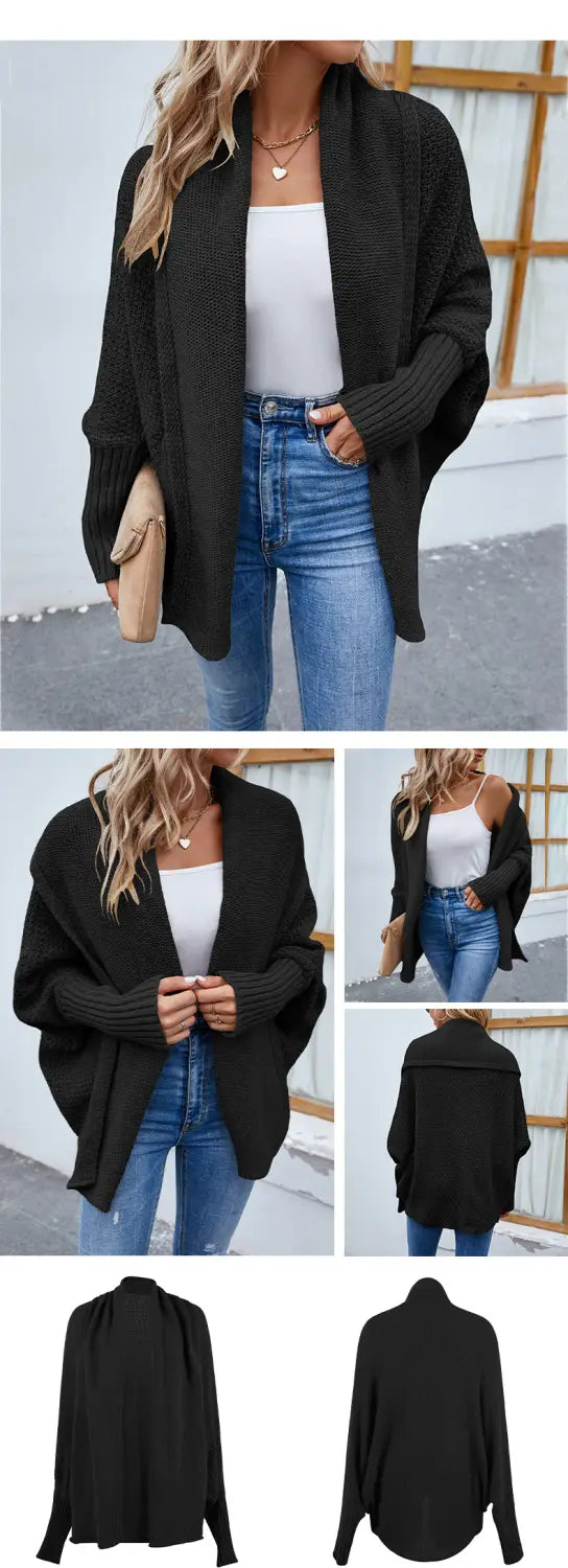 New Loose Knitted Sweater Solid Color Bat Sleeve Large Lapel Cardigan Autumn And Winter Fashion Jacket For Women