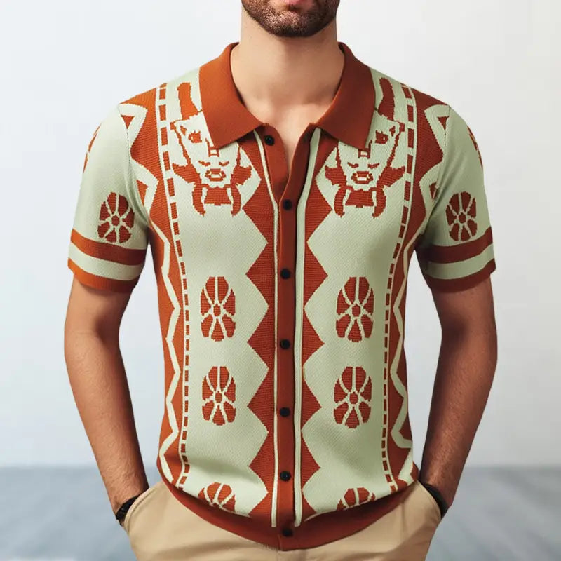 Jacquard Men’s Knitted Shirt Lapel Cardigan Short Sleeve Polo Shirt