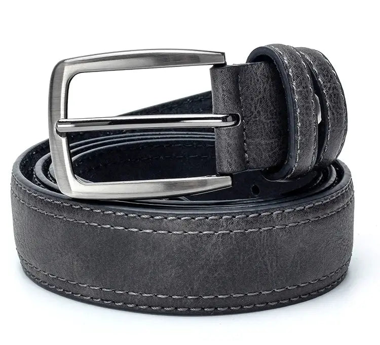 Gray leather belt with silver buckle in vintage style for men’s jeans and luxury wear.