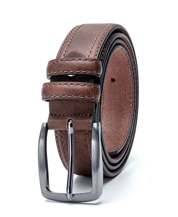 Brown leather belt with metal buckle for men in vintage style, ideal for jeans.