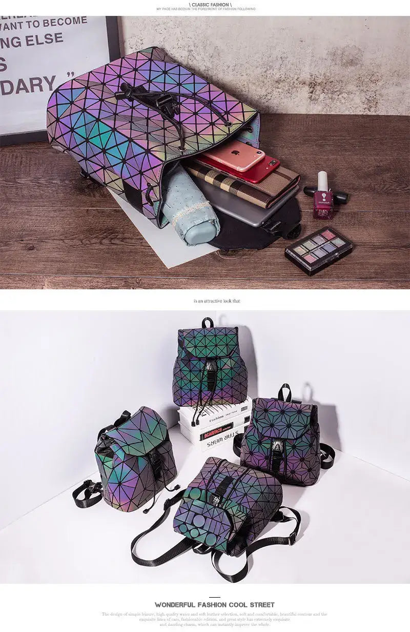 Luminous Geometric Plaid Sequin Female Backpacks