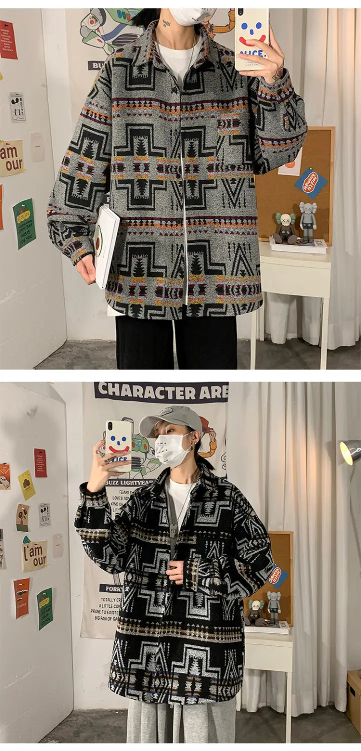 Hong Kong Style Poster Wall Loose Woolen Coat Plus Size Men
