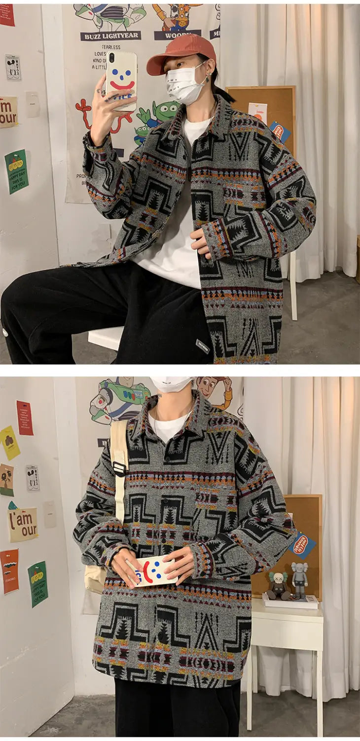 Hong Kong Style Poster Wall Loose Woolen Coat Plus Size Men