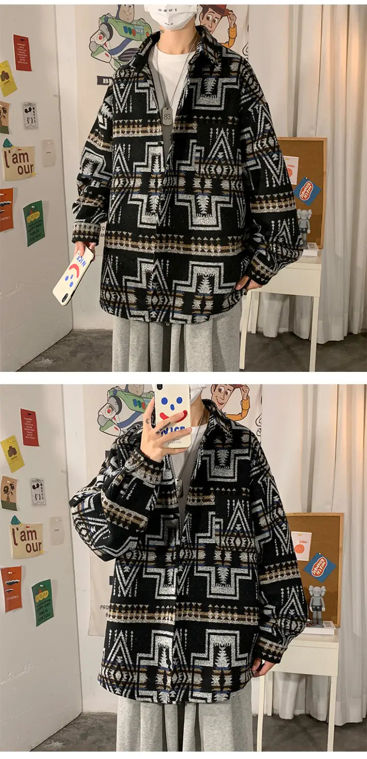 Hong Kong Style Poster Wall Loose Woolen Coat Plus Size Men