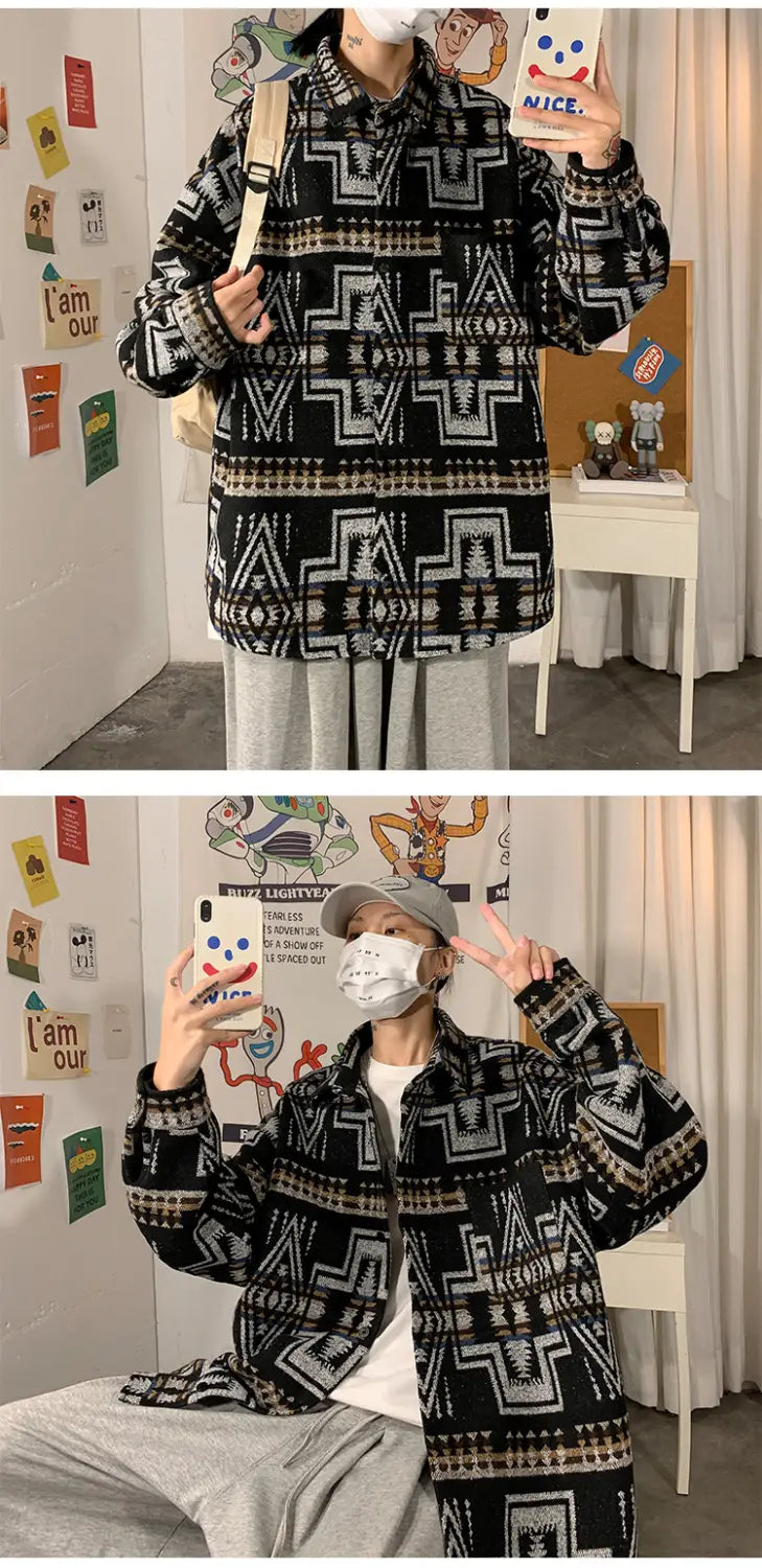 Hong Kong Style Poster Wall Loose Woolen Coat Plus Size Men