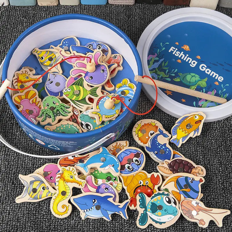 Montessori Wooden Fishing Toys For Children Magnetic Marine Life Cognition Fish Games Parent-Child Interactive