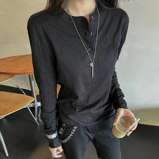 Cotton Henry Collar Embroidered Light Luxury Long-sleeved T-shirt Men And Women Same Style Top