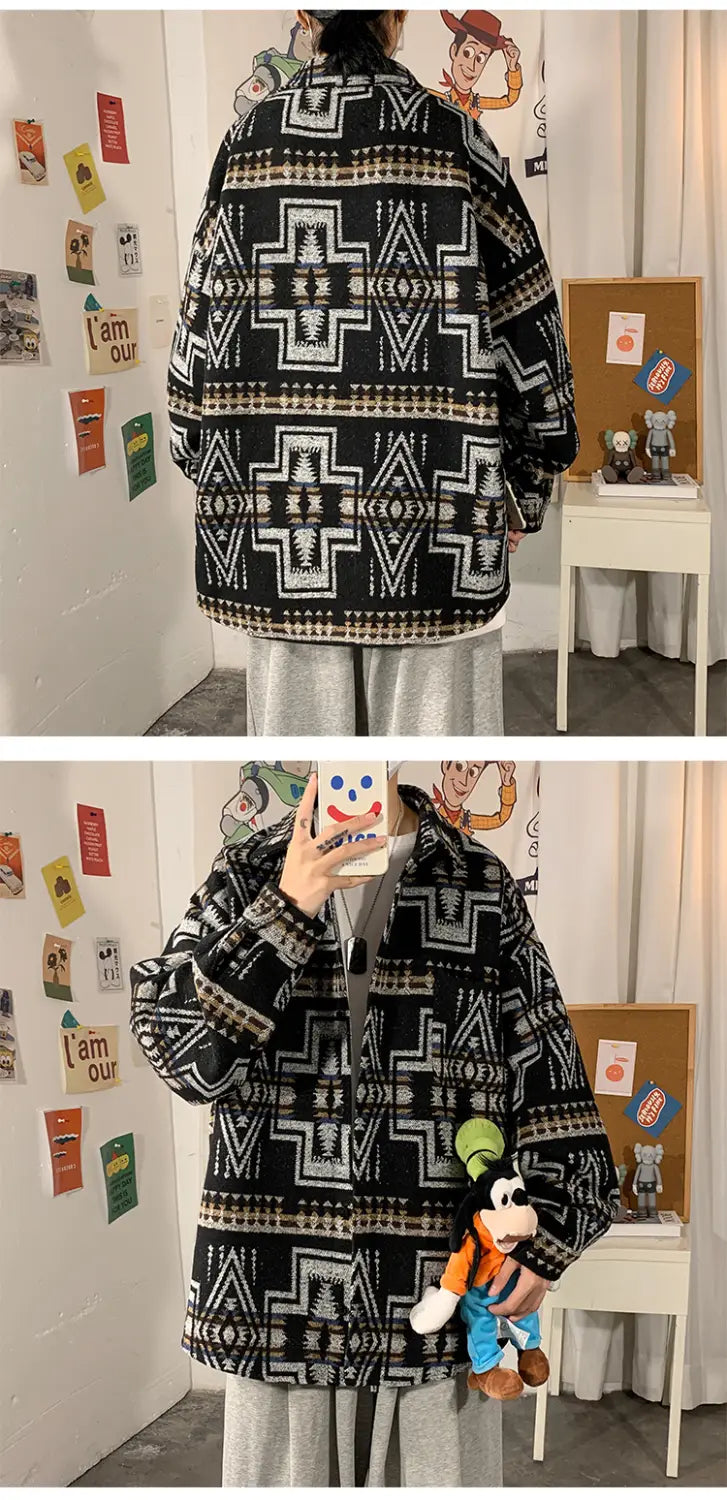 Hong Kong Style Poster Wall Loose Woolen Coat Plus Size Men