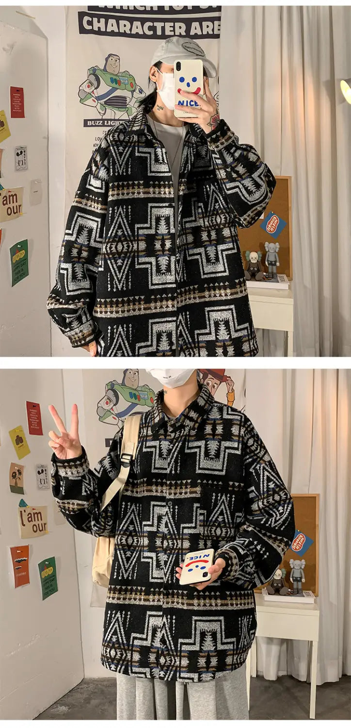 Hong Kong Style Poster Wall Loose Woolen Coat Plus Size Men