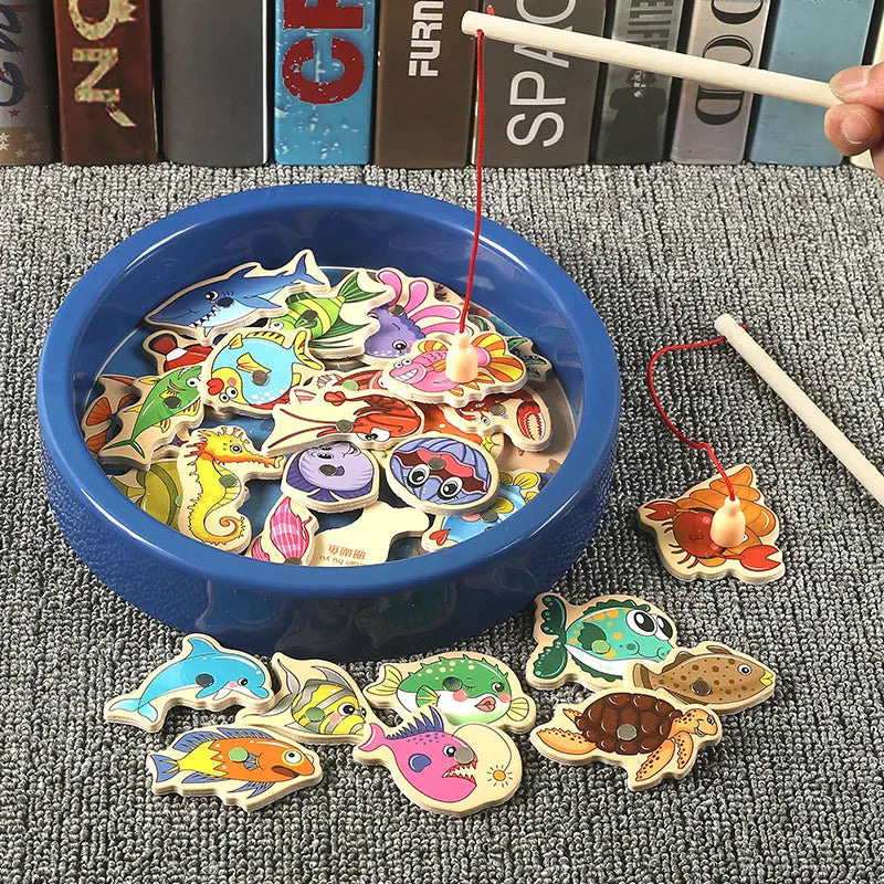 Montessori Wooden Fishing Toys For Children Magnetic Marine Life Cognition Fish Games Parent-Child Interactive