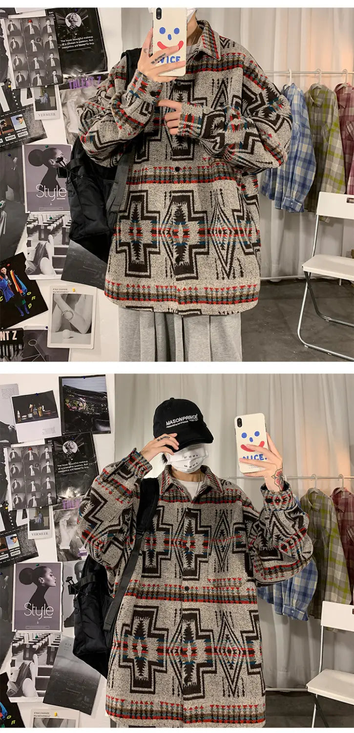 Hong Kong Style Poster Wall Loose Woolen Coat Plus Size Men