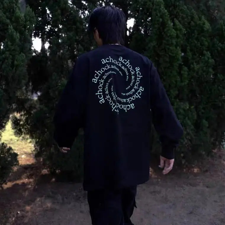 A Chock Original National Tide Circular Vortex Logo Printing Basic Sweater Tide Brand Loose Casual Long-Sleeved T-Shirt Men Beyond Trends Hub