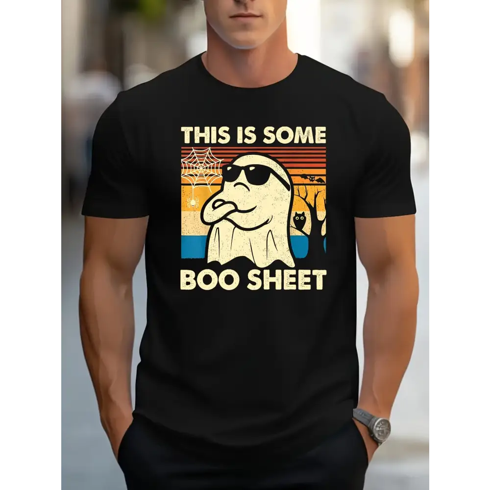 A Halloween Themed Graphic T-shirt - Casual Polyester Round Neck T-shirt With Spandex Slightly Elastic Regular Short