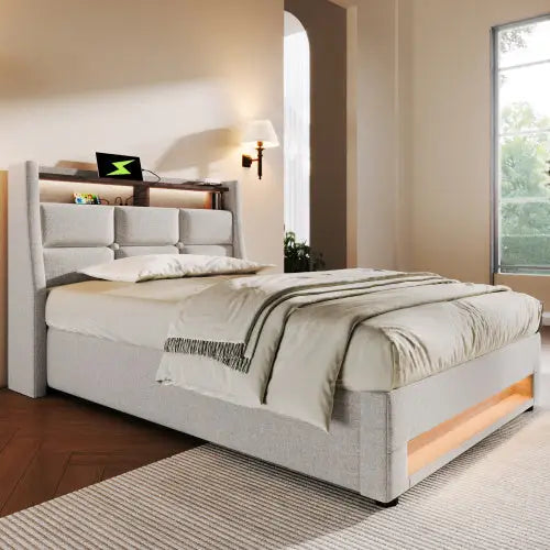 A Metal Bed Frame Made Of Linen Material - Beige - 5