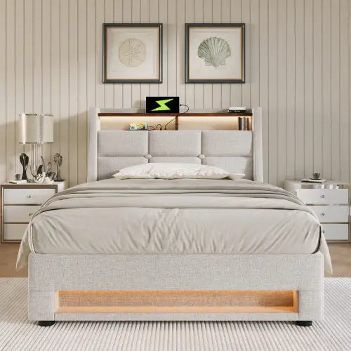 A Metal Bed Frame Made Of Linen Material - Beige - 5