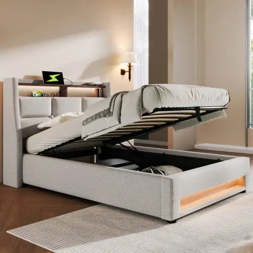 A Metal Bed Frame Made Of Linen Material - Beige - 5
