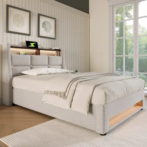 A Metal Bed Frame Made Of Linen Material - Beige - 5