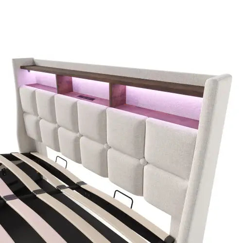 A Metal Bed Frame Made Of Linen Material - Beige - 5