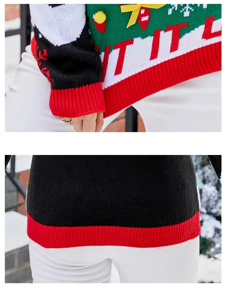 Women’s Christmas Sweater Reindeer Xmas Snowflake Christmas Tree Patterns Knitted Sweater Long Sleeve Elk Letter