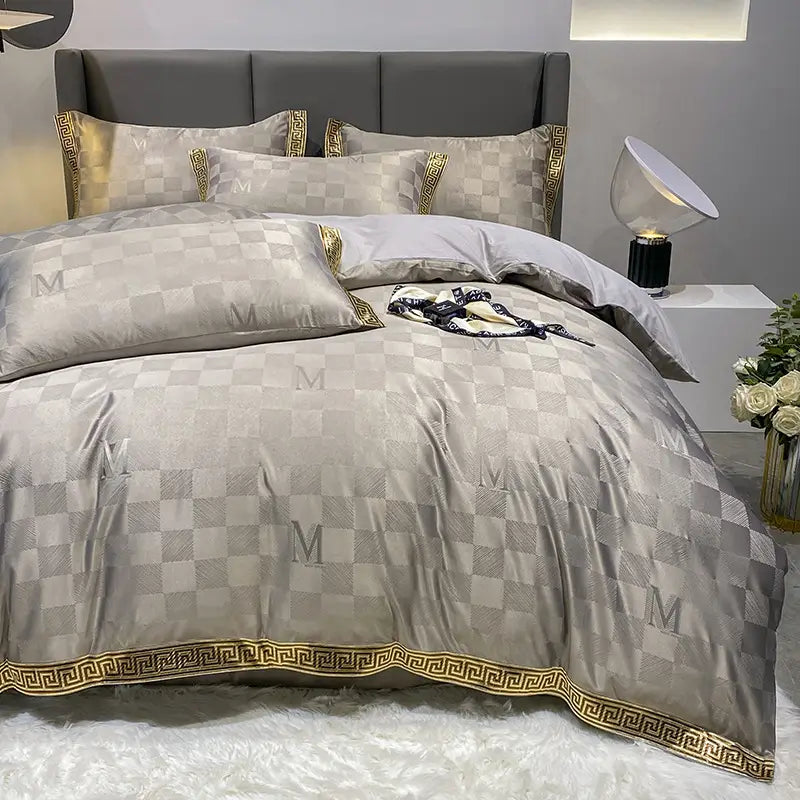 Luxurious gray checkered bedding set for Silk Cotton Sheets Fitted Sheet Quilt Cover Bed.