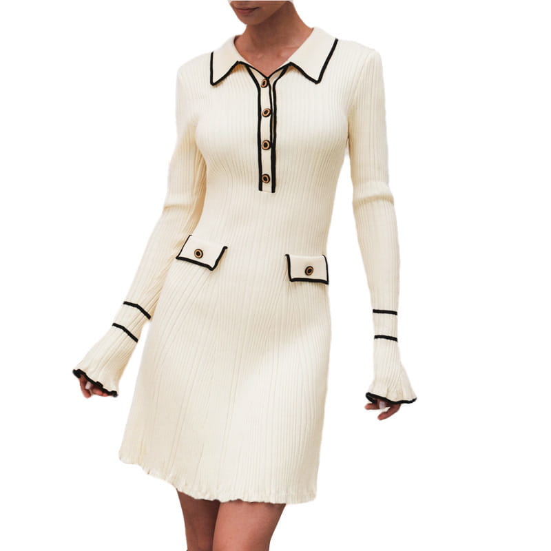 Trumpet-sleeved Knitted Dress Fashion Slim Lapel Button Dresses Fall Wainter Women’s Clothing