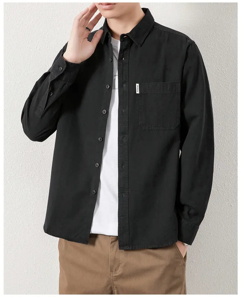 Solid Color Lapel Long Sleeve Shirt With Pockets Loose Casual Jacket Shirt Men’s Tops Clothing