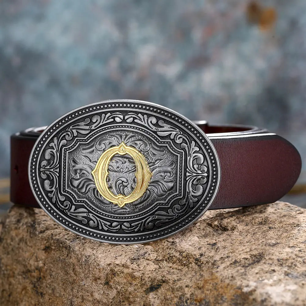 Ornate silver and gold belt buckle on Men’s and Women’s Floral Letter Buckle Belts