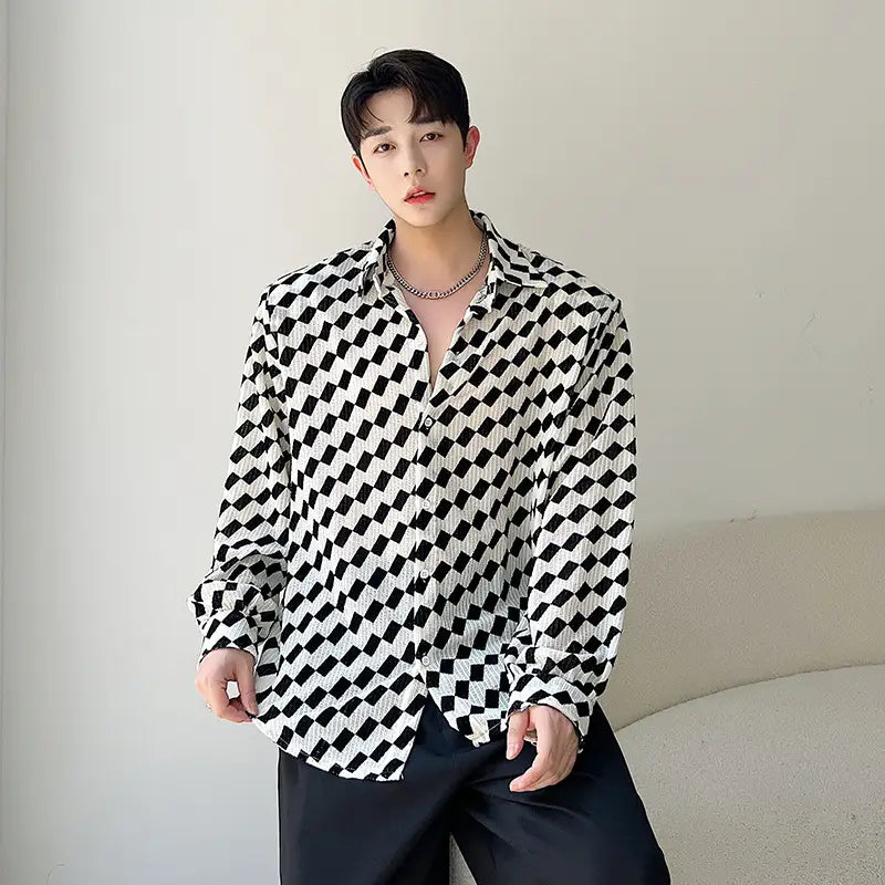 Black And White Collision Checkerboard Long-sleeved Shirt Men
