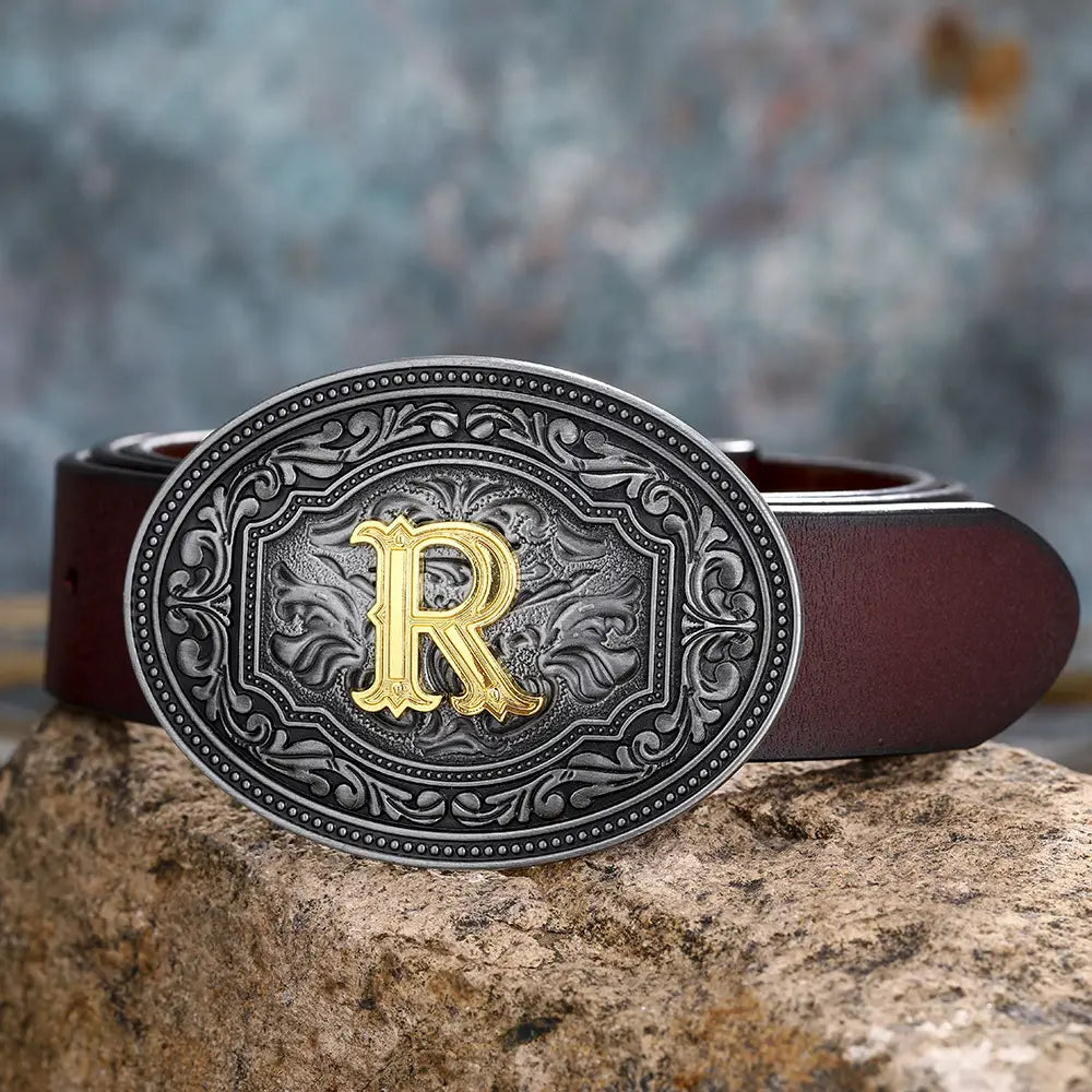 Leather belt featuring an ornate R buckle, ideal for Men’s and Women’s Floral Letter Buckle Belts.