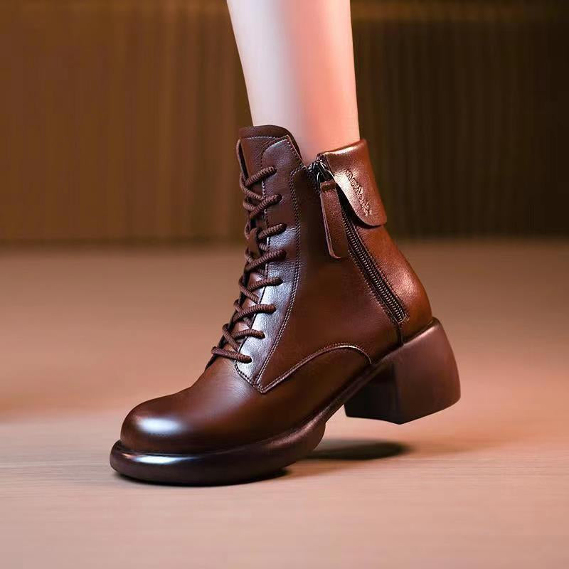 Womens Autumn Chunky-Soled Fashionable All-Match Vintage Leather Boots