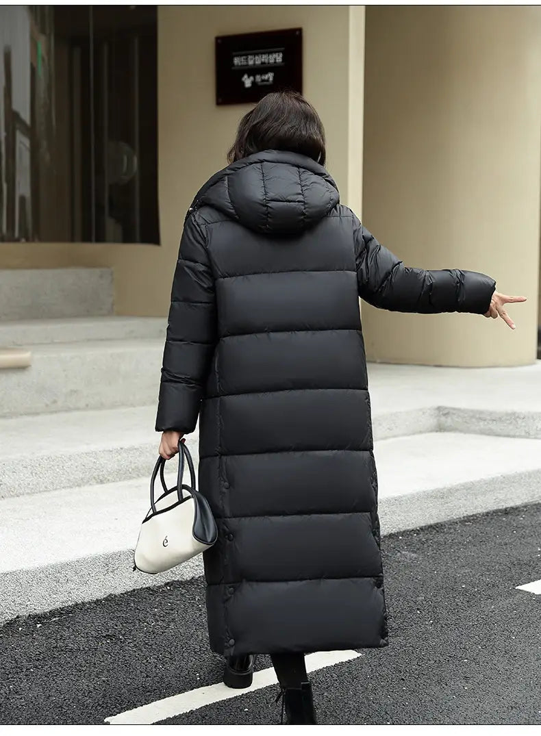 Women’s Super Long Down Jacket Winter Puffer Thick Coat Black Red Hooded Zipper Keep Warm Fall Winter Casual Clothes