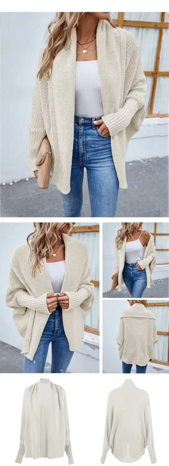 New Loose Knitted Sweater Solid Color Bat Sleeve Large Lapel Cardigan Autumn And Winter Fashion Jacket For Women