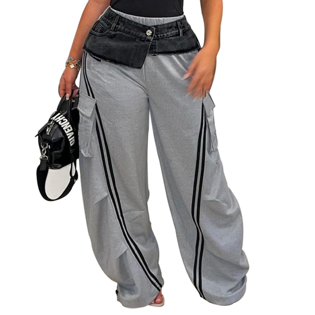 Women’s Fashion Denim Stitching Elastic Waist Trousers