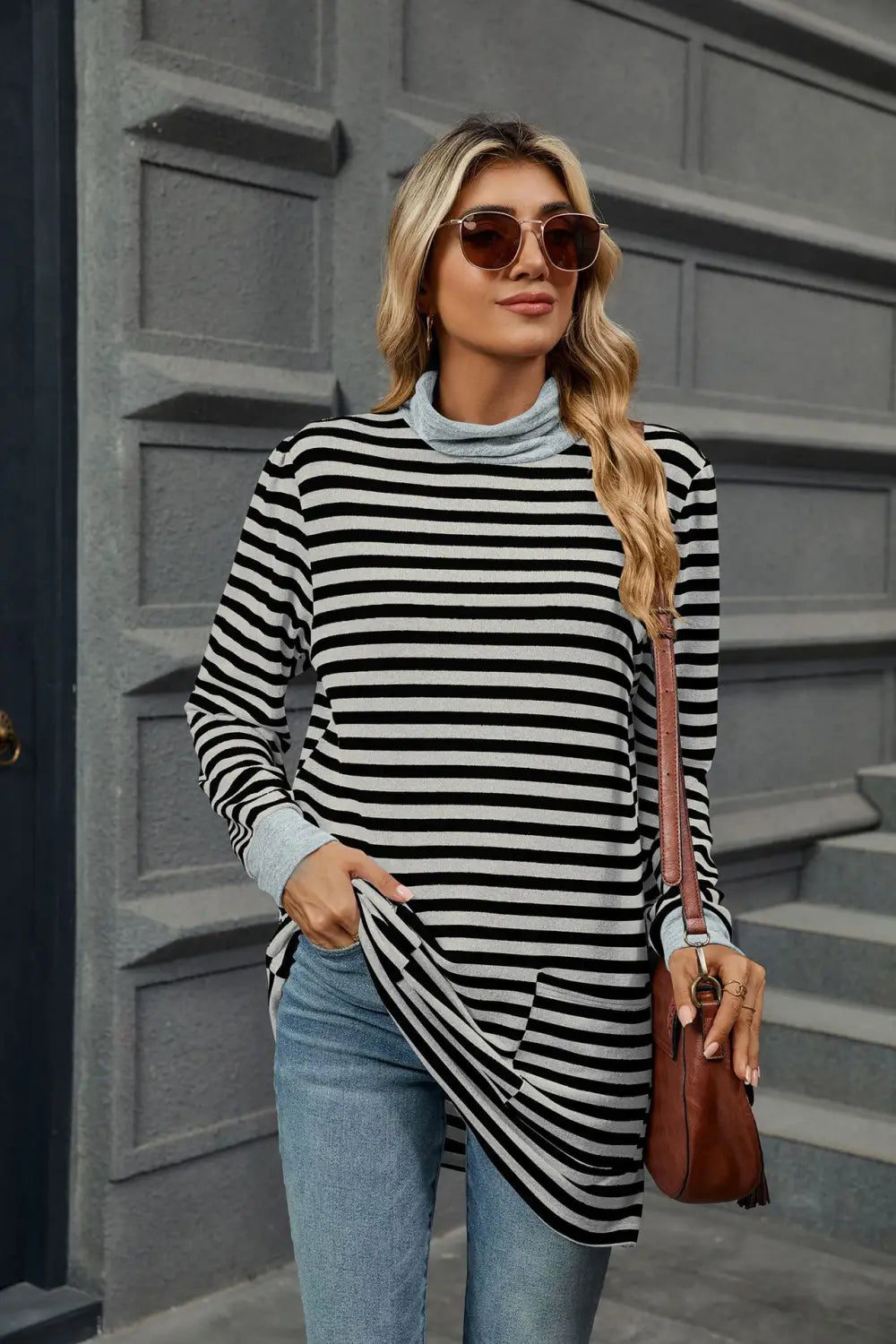 Fashion Striped Print Long Sweatshirt With Pocket Loose Long Sleeve Pullover T-shirt Top For Womens Clothing