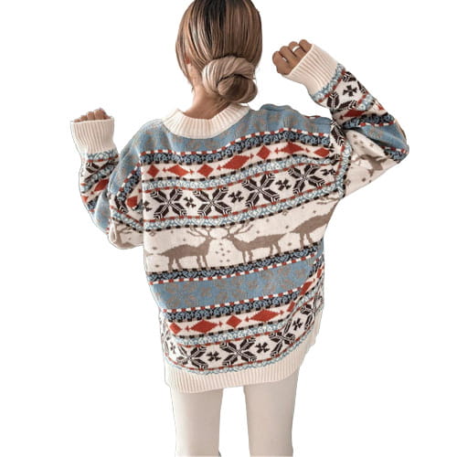 Women’s Fashion Round Neck Loose Christmas Theme Jacquard Long Sleeve Sweater