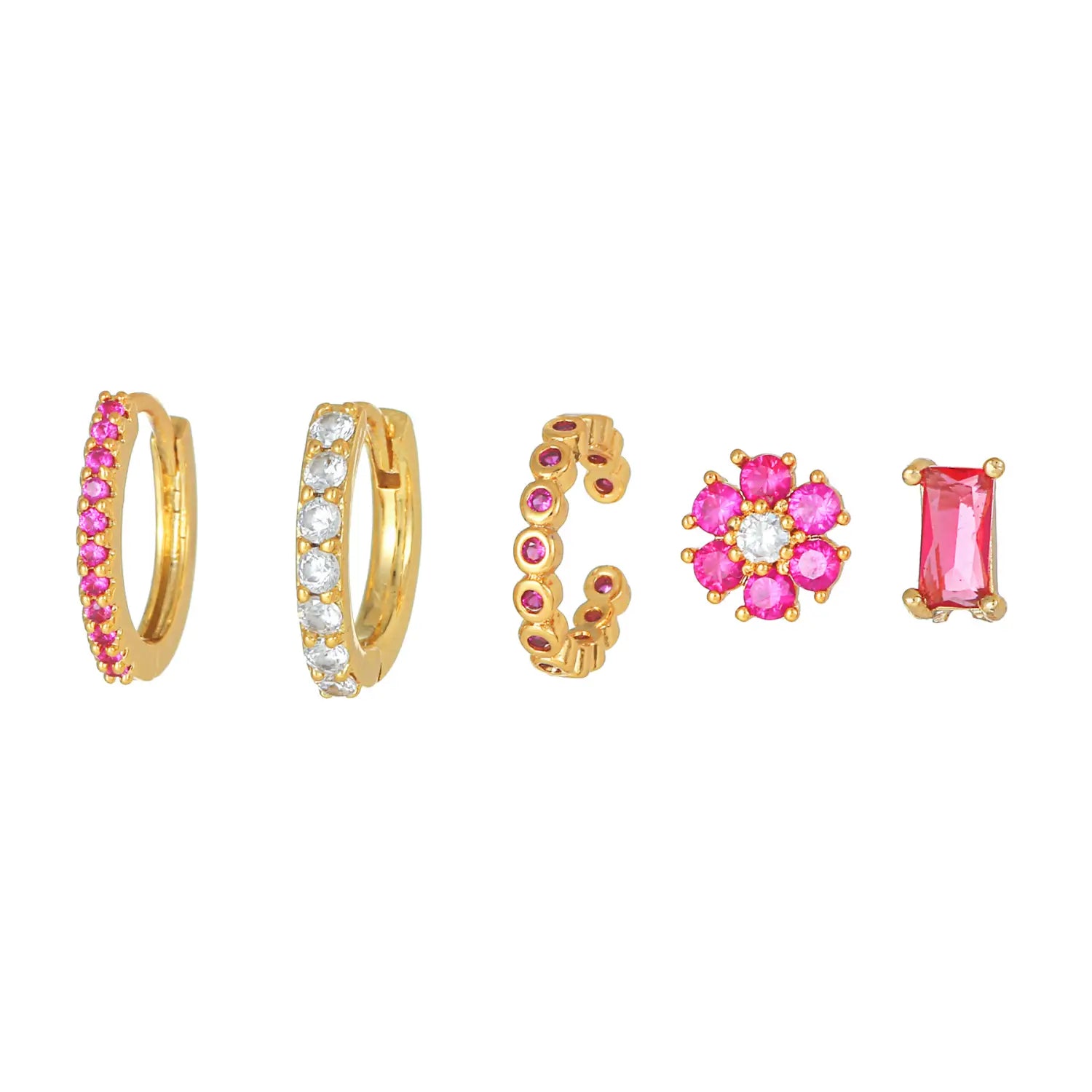 Assorted gold-tone earrings set with pink and white gemstones for women’s fashion.