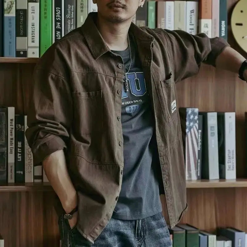 Casual Lapel Long Sleeve Shirt With Pockets Loose Solid Color Jacket Shirt Men’s Tops Spring And Autumn