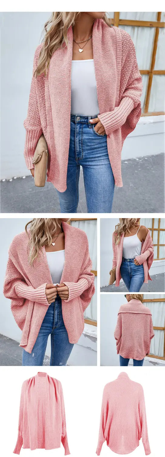 New Loose Knitted Sweater Solid Color Bat Sleeve Large Lapel Cardigan Autumn And Winter Fashion Jacket For Women