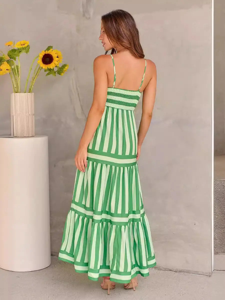 Summer Striped Printed Suspender Long Dress With Pockets Fashion Square Neck Backless Dresses For Beach Vacation Women