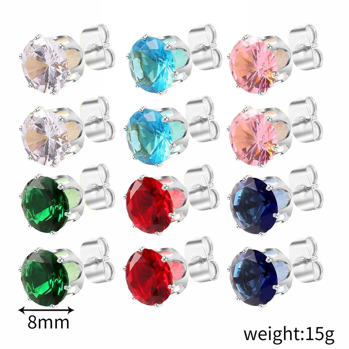 Colorful gemstone stud earrings in Women’s Fashion Simple Stainless Steel Zircon Earrings Set.