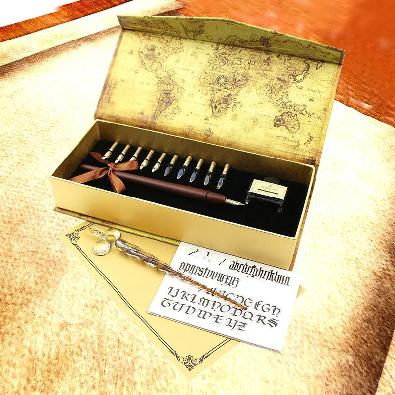 Handmade Glass Pen Crystal Pen Wooden Dip Pen Retro Set Valentine’s Day Christmas Creative Gift