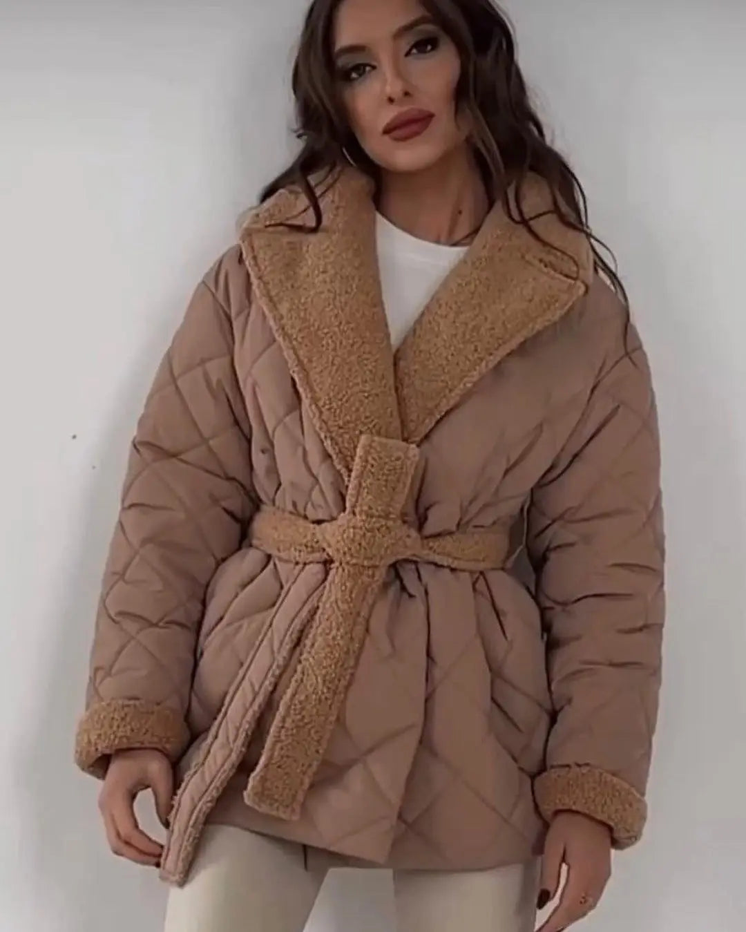 Winter Lapel Plaid Coat Fashion All-match Waist-tied Design Coat For Women Outwear Clothing